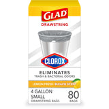 Glad Small Trash Bags 4 Gallon, Lemon Fresh Bleach Garbage Bags, Odor Resistant with Drawstring, 80 Count