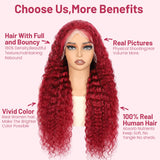99j Burgundy Lace Front Wigs Human Hair 13x4 Deep Wave Lace Front Wigs Human Hair Pre Plucked 180 Density HD Transparent Wet and Wavy Red Color Curly Wig Human Hair for Women with Baby Hair 24inch