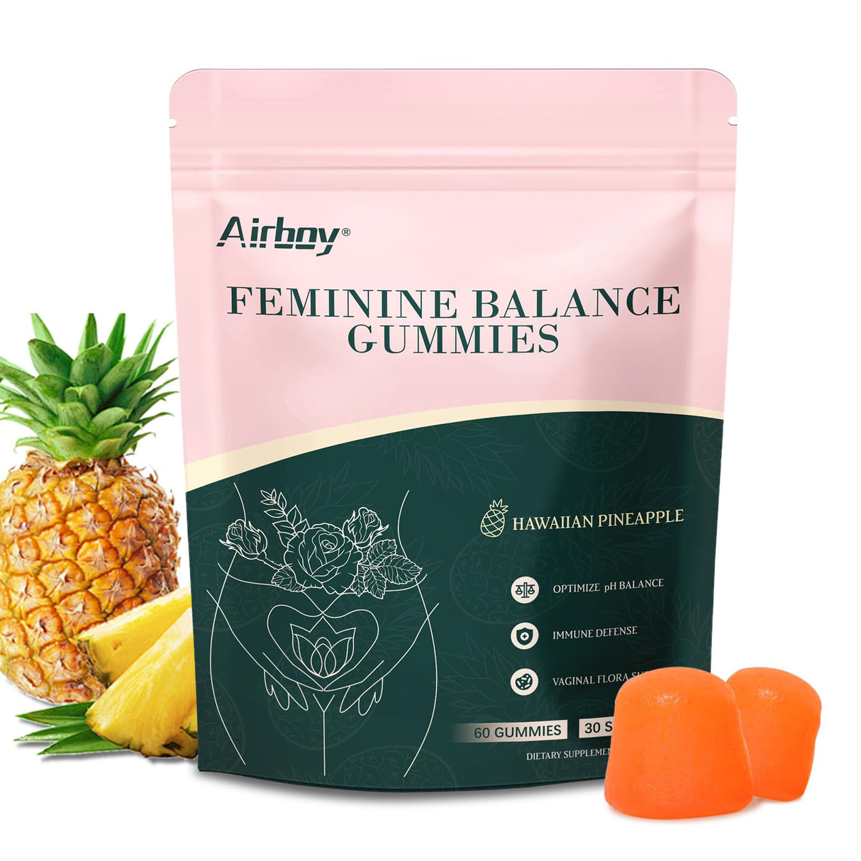 Airboy Feminine Balance Gummies - Pineapple Gummies for Women PH - Feminine Probiotics Gummy - Immune Support, Vaginal Flora Balance - 60 Gummies