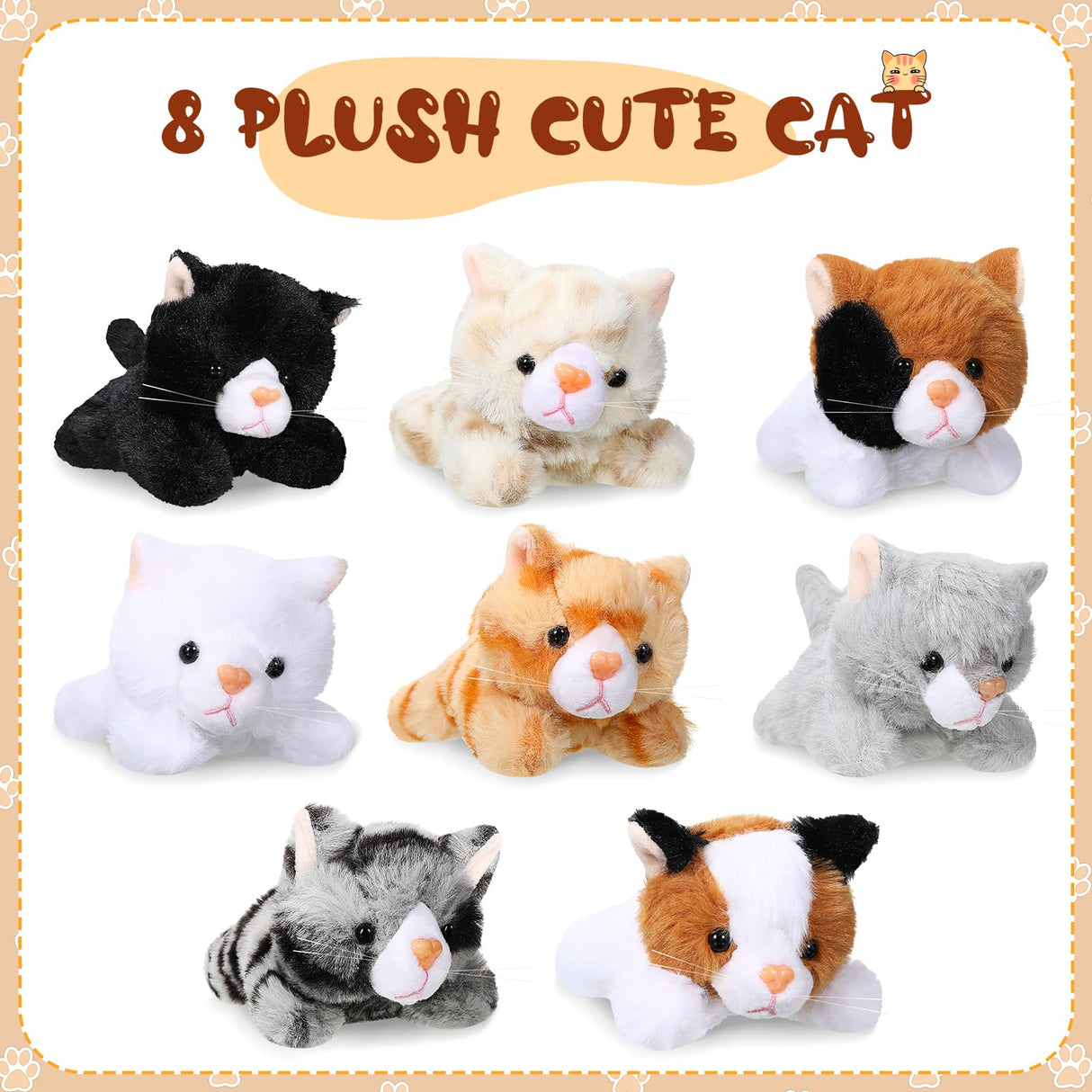 Sumind 8 Pcs Cat Stuffed Animals Bulk Plush Pets 5 Inch Cute Assorted Plush Cats Horse for Birthday Halloween Christmas Party Favors Favors(Lying Cat)