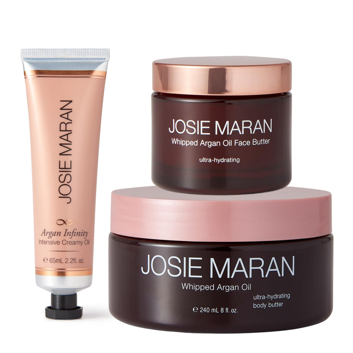 Josie Maran Whipped N' Ready to Glow Body Care Set - Includes Argan Intensive Creamy Oil, Face Cream & Body Butter - Nourishes, Hydrates & Firms Skin - Radiance-Boosting Gift Set (3 Count)