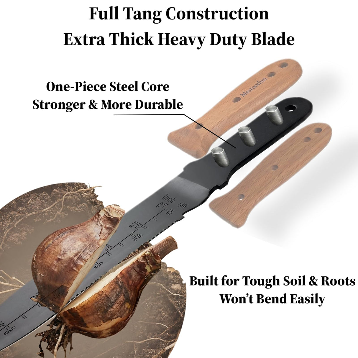 Hori Hori Garden Knife, 7" Full Tang Thick Stainless Steel Blade, Multi-Edge Design with Serrated Edge & Hook Cutter, Depth Markings, Heavy Duty Garden Tool with Sheath for Digging, Weeding & Planting