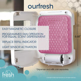 Fresh Products ourfresh 2 Air Freshener Replace Metered Aerosol with Dry Fragrance 30 Day Use Medium Sized Spaces Light Activated Battery Operated Refill Reminder White Dispenser 1 pk