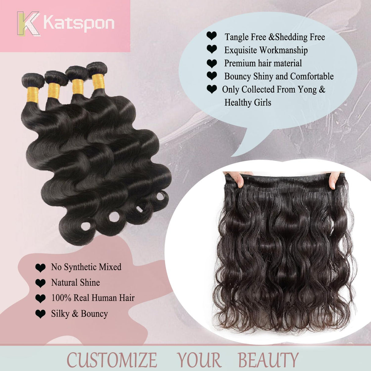 Katspon 12A Human Hair Bundles 20 22 24 26 Inch Body Wave 100% Unprocessed Brazilian Virgin Hair 4 Bundles Deals Human Hair Extensions Quick Weave Bundles Human Hair Natural Black