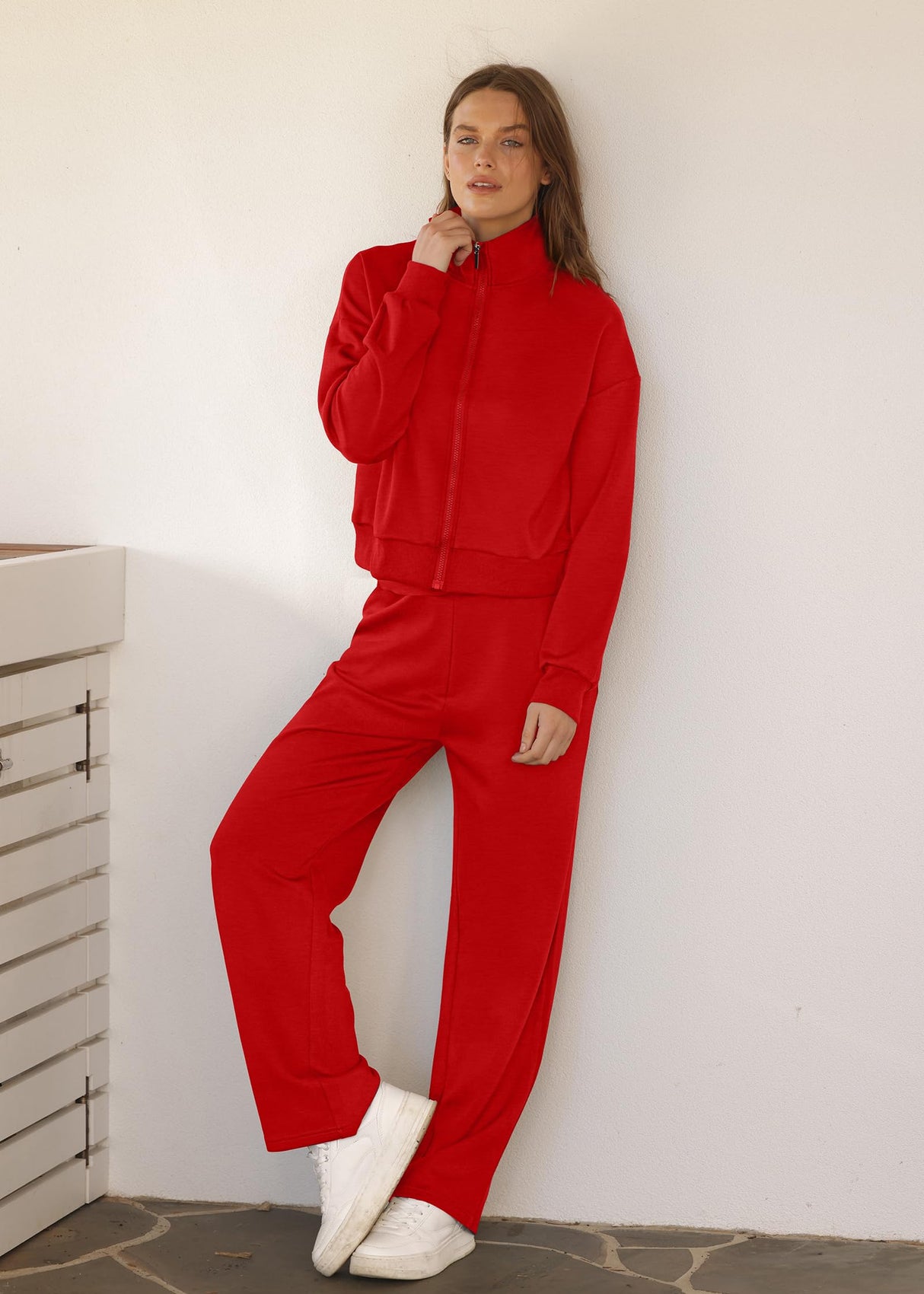 XIEERDUO Christmas Outfits for Women 2025 Red Zipper 2 Piece Womens Loungewear Set Sweatsuit Sweatshirt Tracksuit M