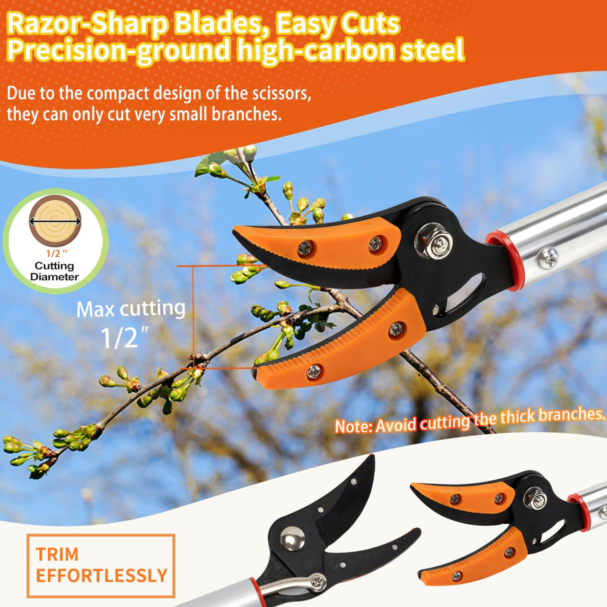 3.5 ft (1.0m) Cut & Tree Trimmer for Precision Gardening Pruning & Fruit picking, 40 in Long Reach Pruning Shears - Lightweight Aluminum Rust-Resistant Picker, Branch Bypass Loppers(1/2" Max Cut)
