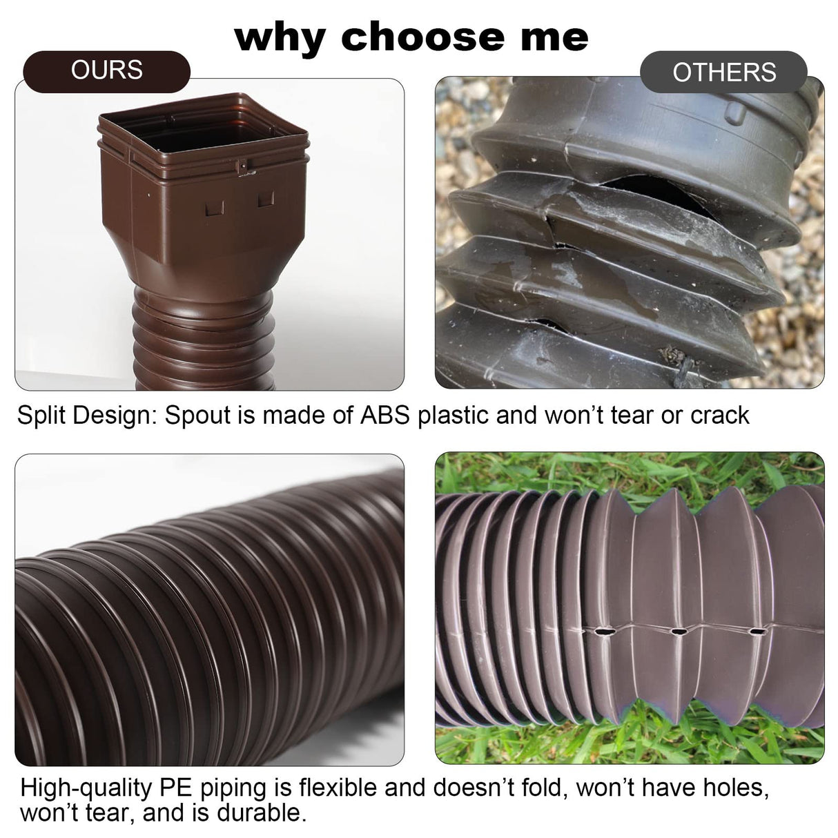 plusgutter 11.5ft Long Gutter Downspout Extensions Flexible, 4" Diameter Drain Downspout Extender, Down Spout Drain Extender for Rainwater Drainage, Extendable from 2.6ft to 11.5ft(Brown)