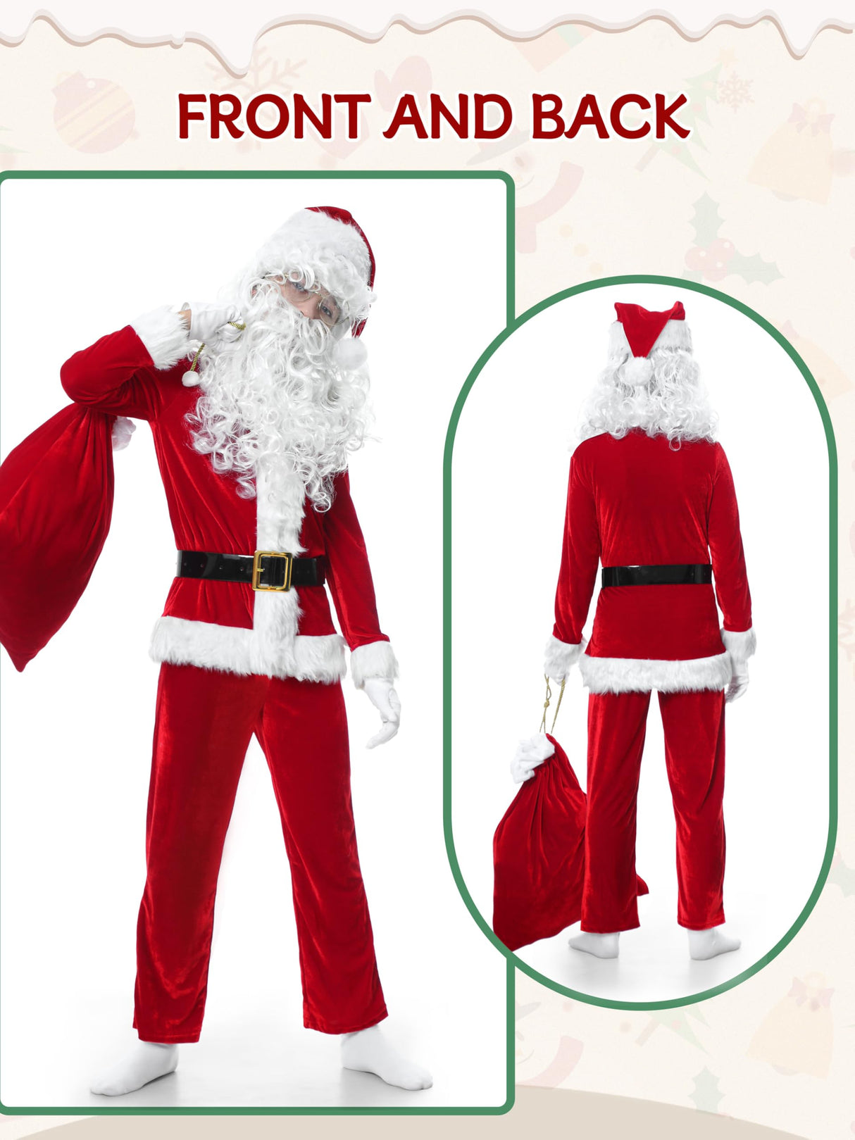 FancyFun Santa Claus Costume for Kids, 9PCS Boys Christmas Suit Kids Santa Costume Outfit Velvet For Boys Christmas Cosplay, 8-10Years
