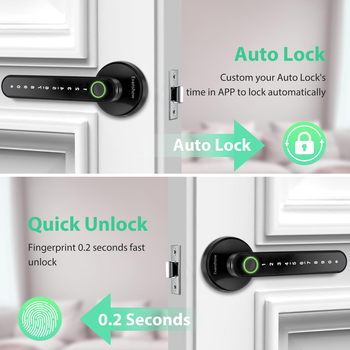 Evanshow Fingerprint Door Lock Biometric Door Knob with Keypad Keyless Entry, Door Locks for Bedrooms, Home Hotel Office Apartment Black