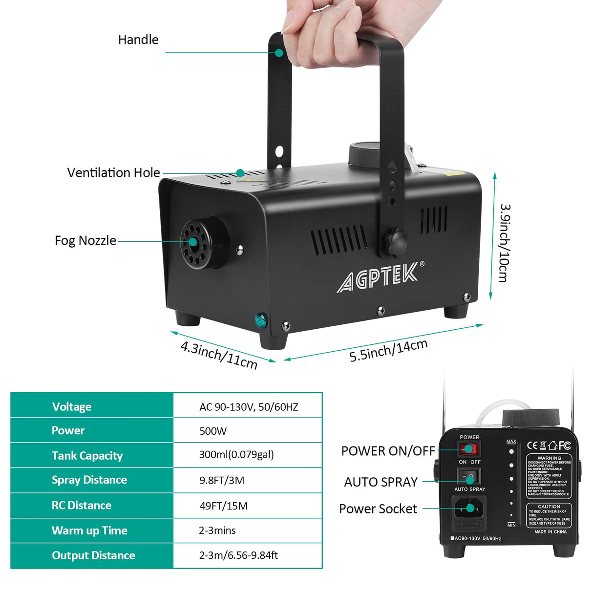 AGPTEK Fog Machine, 500W Smoke Machine with Wireless Remote & Automatic Spray Function, Great for Halloween, Christmas, Wedding, Parties, DJ Performance & Stage Show