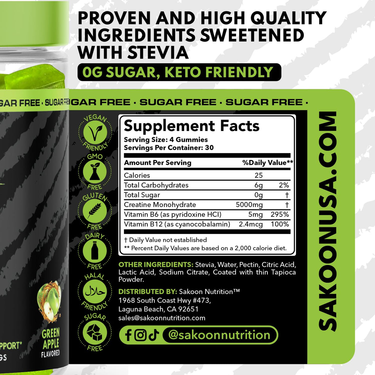 Sakoon nutrition 5000mg Creatine Monohydrate Infused Gummies | Increase Strength and Build Muscle, Sugar-Free, Vegan, Apple Flavor, 120 Count