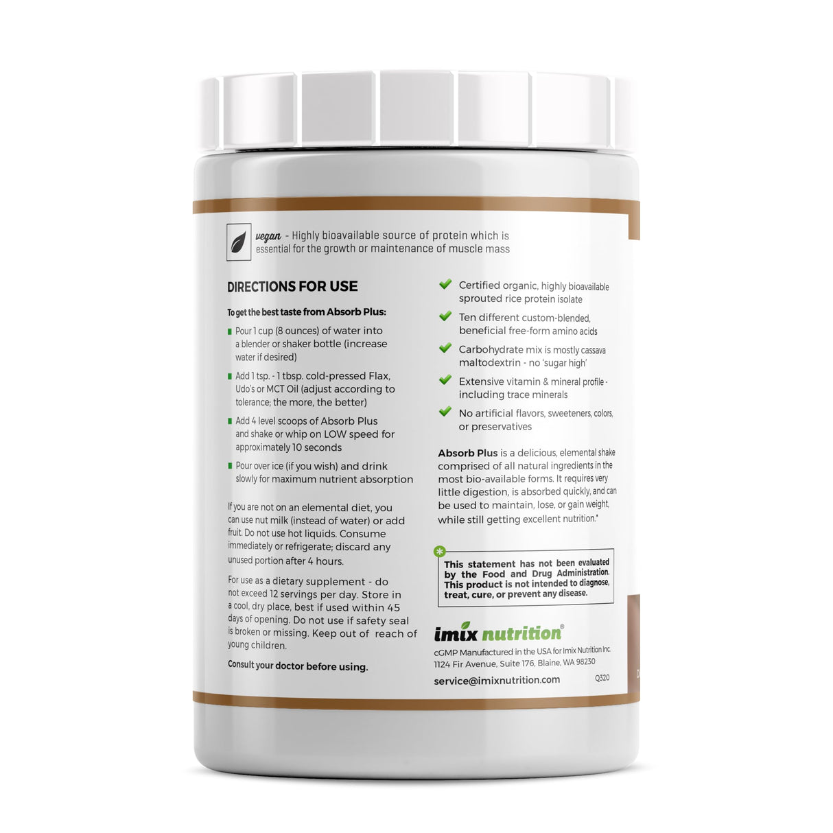 Absorb Plus Vegan Elemental Shake – Nutrient-Rich Powder Nutritional Support, Natural Ingredients, Non-GMO, Gluten-Free, Organic Sprouted Rice Protein (2.2 Pound, Mocha Latte)