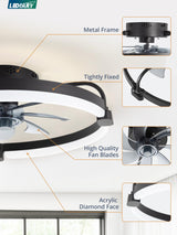 LEDIARY Ceiling Fans with Lights and Remote, 20'' Low Profile Ceiling Fan with Light, 3000-6000K Dimmable Fandelier LED Fan Light, 6 Wind Speeds, Black Modern Flush Mount Ceiling Fan for Bedroom
