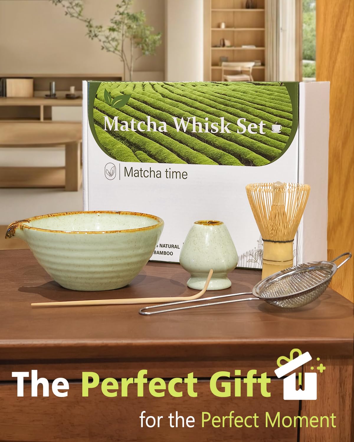 Vaiheng Matcha Whisk Set with Matcha Bowl, Matcha Whisk Holder Matcha Bamboo Whisk, Scoop, Sifter, Unique Gifts for Women Men Girl Friend Home Kitchen Decor Gifts for Tea Enthusiasts Christmas