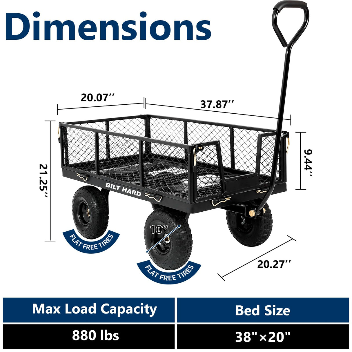 BILT HARD 10" Flat Free Tires Heavy Duty Garden Cart with 180° Rotating Handle and Removable Sides, 4 Cu.Ft 880 lbs Capacity Utility Steel Wagons for Outdoor, Yard