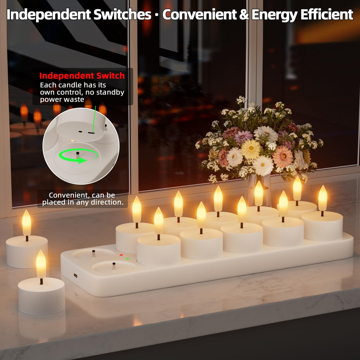 Rechargeable Flameless Tea Lights Candles with Charging Station 12Pcs Battery Tea Lights Candles with Remote & Timer LED Tealight Flickering Realistic for Home Christmas Wedding Decor - White