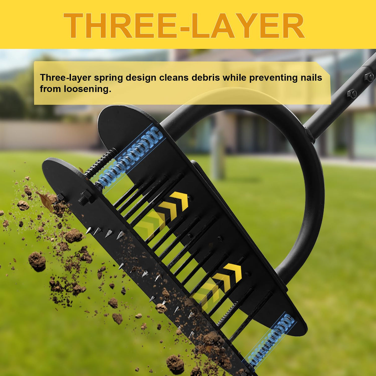 Aerator Lawn Tool, 16 Iron Spikes Manual Lawn Aerators with 3-Layer Anti-Loose Cover & Spring Auto Soil Clean, Yard Grass Aerator for Healthier Lawn, Garden Tool, Pre-Assembled Base for Easy Setup