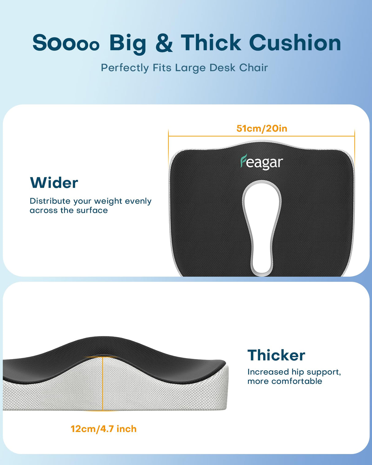 X Large Memory Foam Seat Cushions for Office Chairs Desk,20x18x4.7Inch Thick Office Gaming Chair Cushion Tailbone Pain Relief Mesh Pads Extra Dense Hip Sciatica Car Seat Cushion for Long Sitting Hours