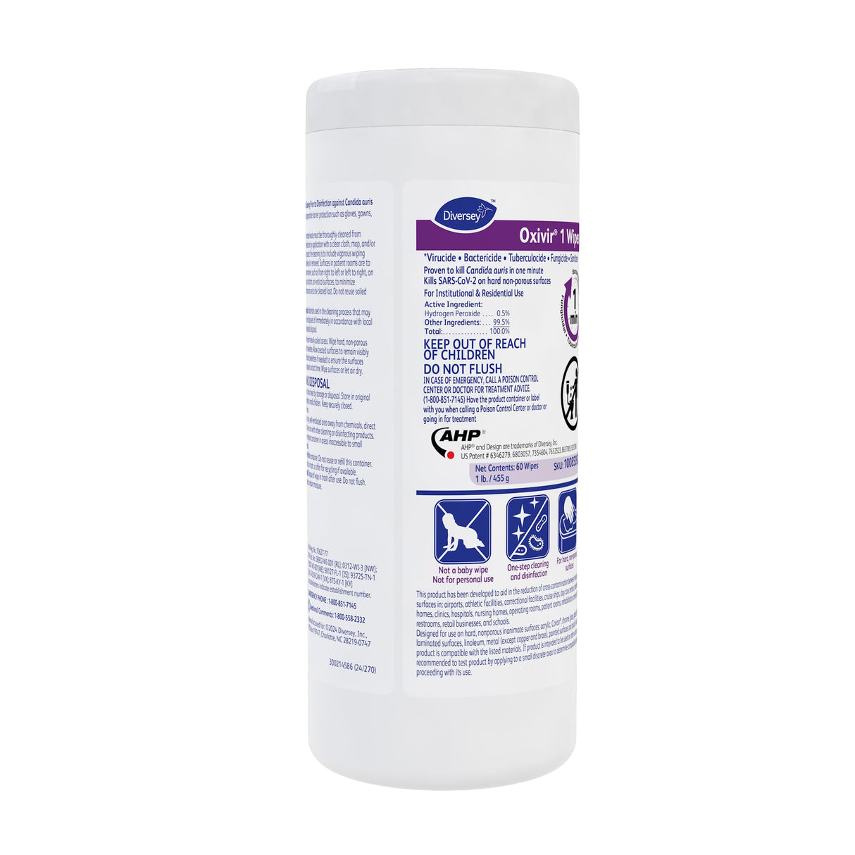 Oxivir Diversey 1 Disinfectant Wipes, AHP Hydrogen Peroxide Cleaner, Multi-Surface Cleaner for Home & Commercial Use, Medium Wipes, 60 Count Slim Canister