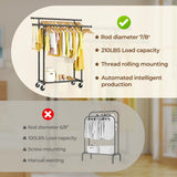 HYSEYY Double Rods Clothes Rack, Rolling Clothing Rack for Hanging Clothes Portable Wardrobe, Metal Garment Rack Sturdy Coat Rack for Bedroom Laundry Living Room, Black