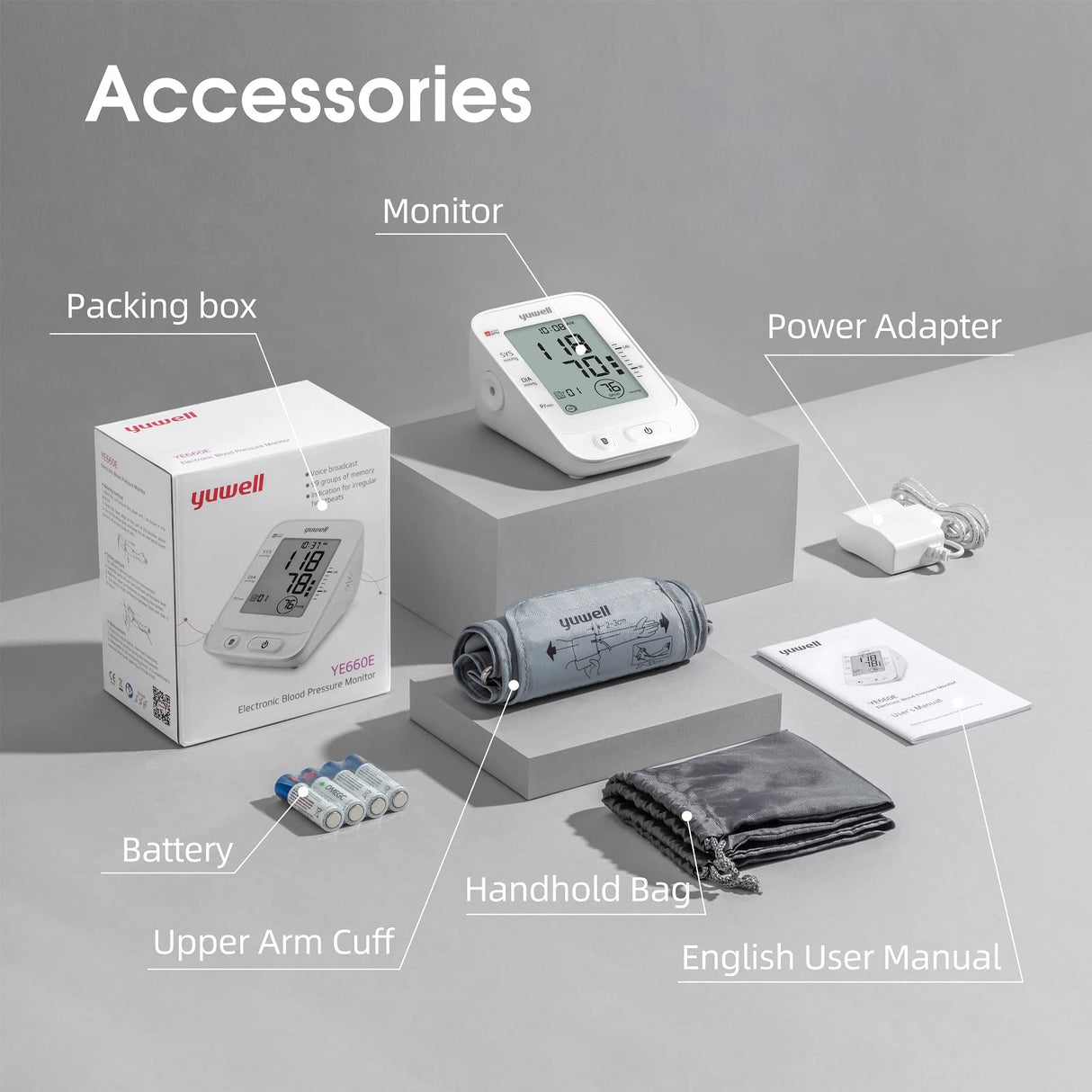 yuwell Blood Pressure Monitor for Home Use, Digital Monitors with Wide Range Arm Cuff, 99 Memories and Voice Broadcating, Batteries and AC Adapter inluded, Style 660 Series