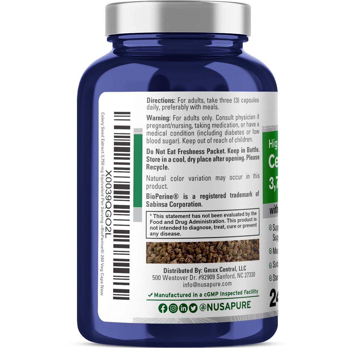NusaPure Celery Seed Capsules 10:1 Extract, 375 mg Equivalent to 3750mg, 240 Veggie Caps, Non-GMO, Vegan
