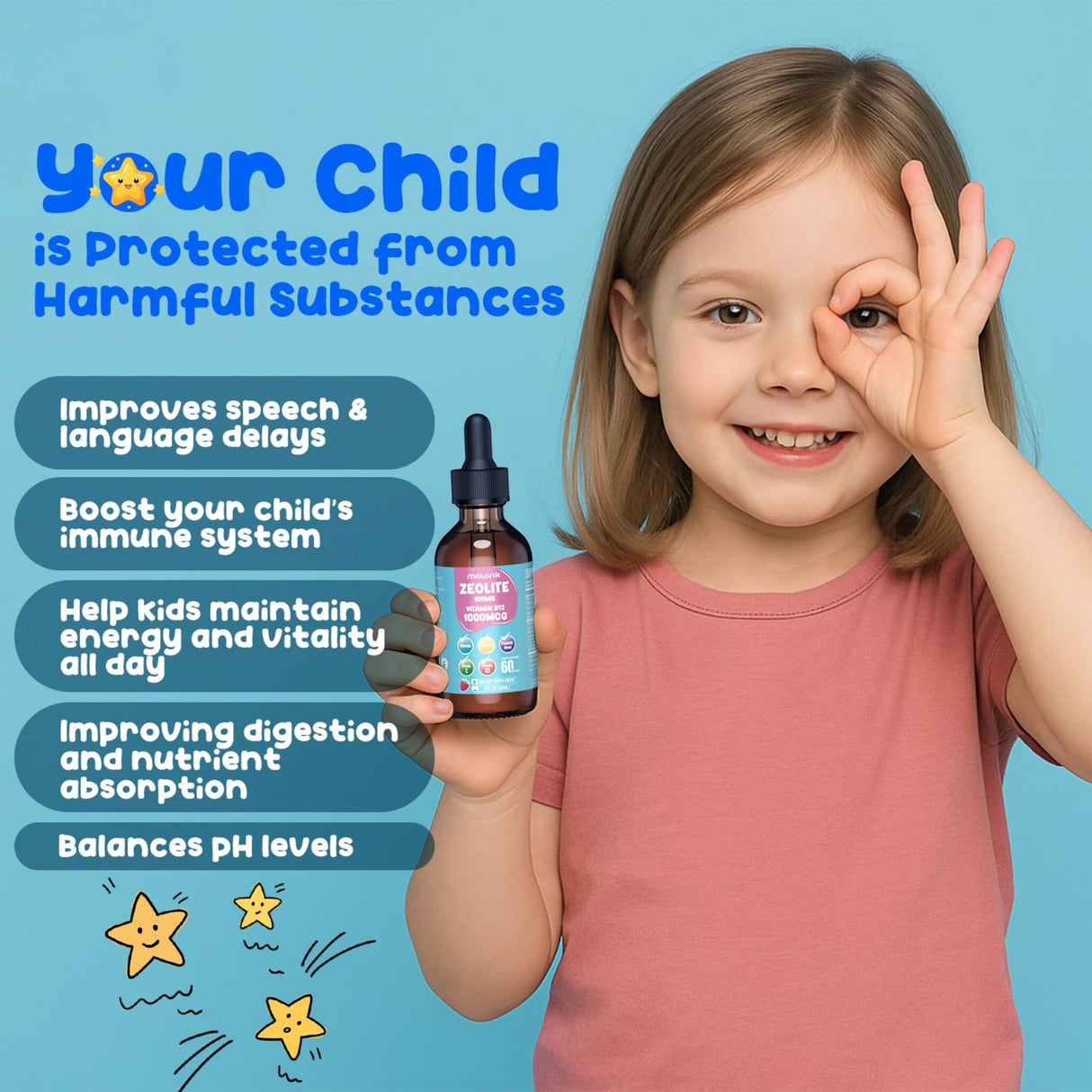 Zeolite Detox for Kids & Adults, Zeolite Liquid Drops with 300mg Chlorella, 200mg Curcumin, Multivitamin and Probiotic for Speech & Brain Health, Immune, Digestive, Energy, Berry Flavor, 60 Servings