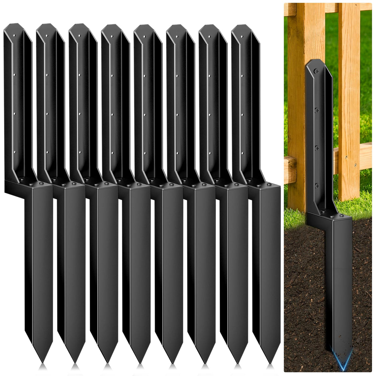 8 Pack Fence Post Repair Kit, Heavy Duty Steel Ground Spike Anchor for Fixing Leaning or Broken 4x4 & 6x6 Wood Posts, No Dig Drive-in Support for Yard, Garden & Fence