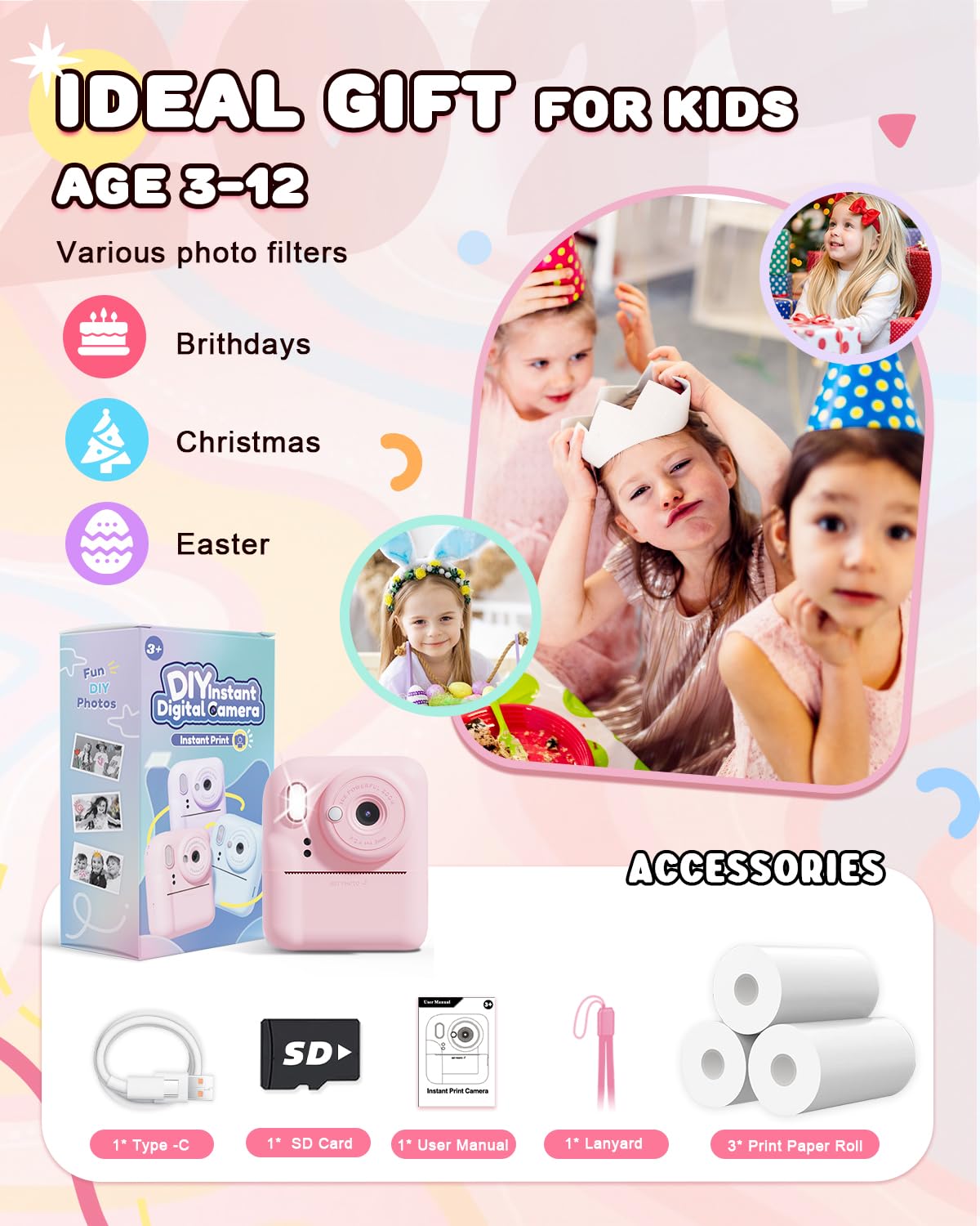 JOYJAM Kids Camera Instant Print, Upgrade Dual-Lens Selfie Digital Camera for Kids, HD 1080P, Christmas Birthday Gifts Toys for Girls Age 3-12, Toddler Portable Toy with SD Card 3 Rolls Print Paper