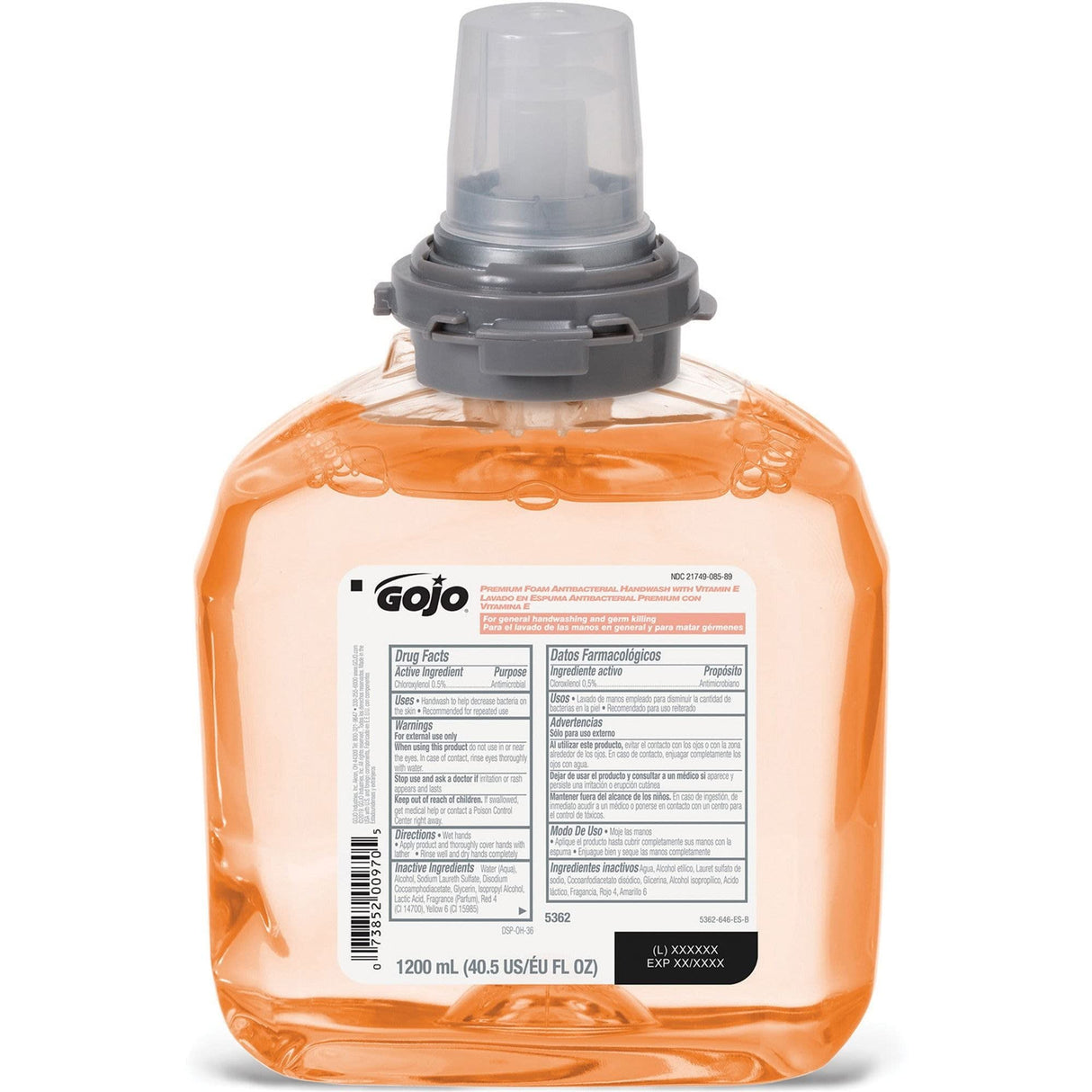 GOJO TFX Premium Foam Antibacterial Handwash, Fresh Fruit Scent, 1200 mL Foam Hand Soap Refills TFX Touch-Free Dispenser (Pack of 2) - 5362-02