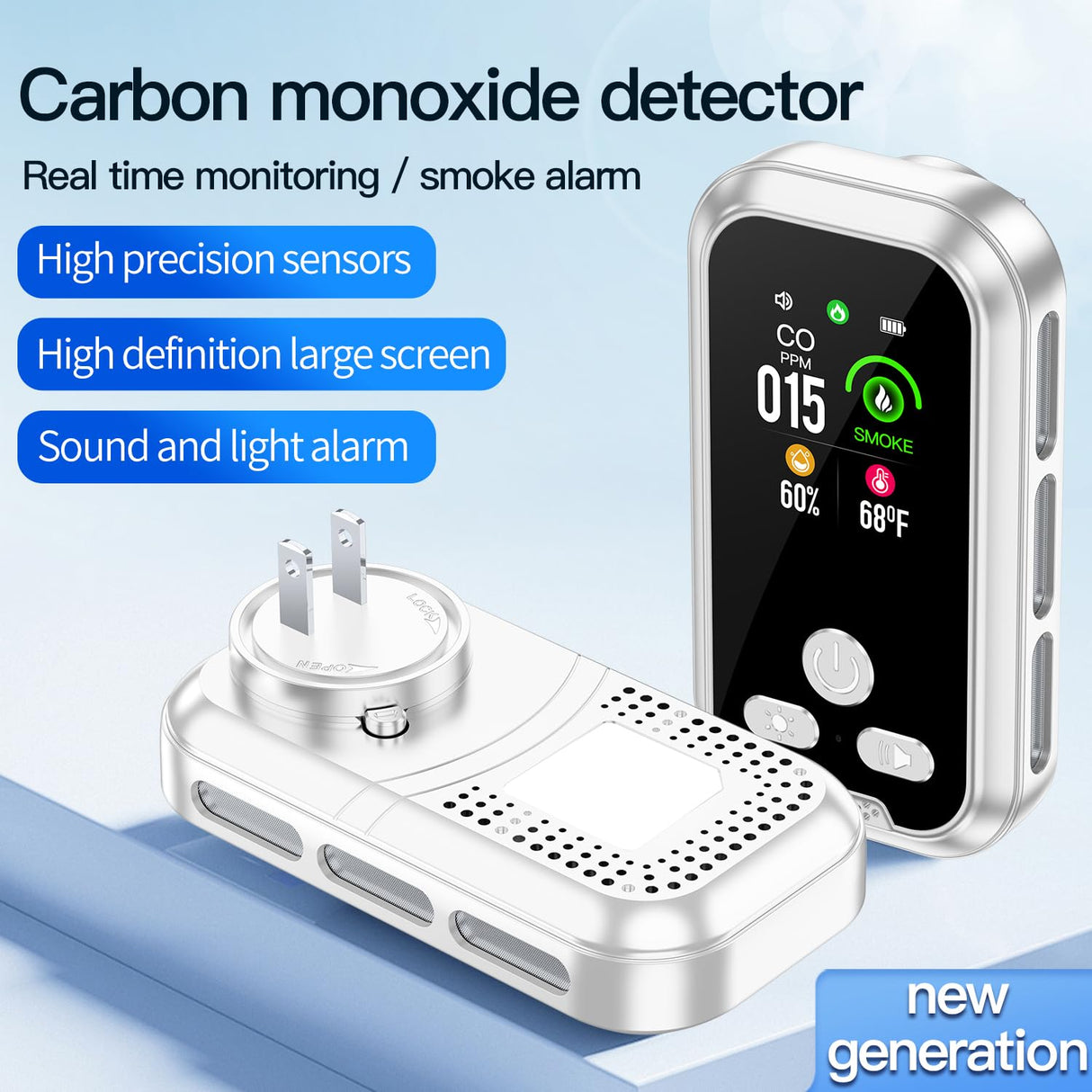 HAKINAKU 2-Pcs 4IN1 Plug in Smoke & Carbon Monoxide Detector Combination Builti-in 2000 mAh Backup Battery HD Screen [Smoke CO Temp Humidity Sensor] Alarm for Home Travel Hotel Indoor (White)