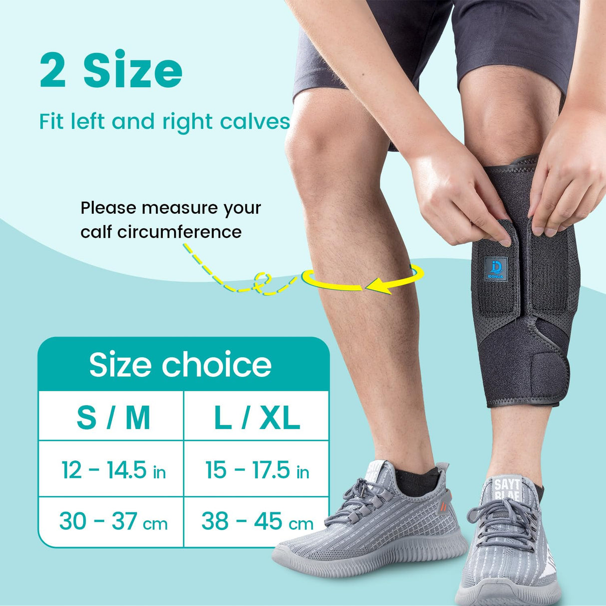 iDonua Calf Brace Compression for Torn Calf Muscle fit Men & Women, Innovative 2 Layer Elastic Calf Support Bandage for Legs adds Extra Pressure for Strain, Swelling, Cramps, Varicose Vein -S/M