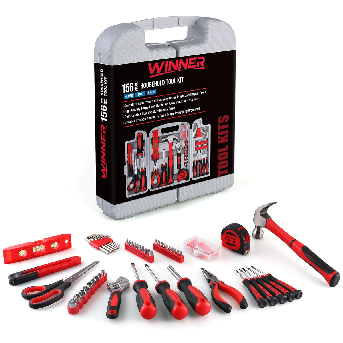 WINNER 156-Piece Delicate All-Purpose Home Tool Kit in Foldable Toolbox, Unisex | Complete and Essential Hand Tools Set for General House Repairs, Garage, Apartment, Office, Dorm, Perfect Holiday Gift