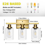 Ascher Bathroom Vanity Light Fixtures, 3 Light Wall Sconces Lighting with Clear Glass Shade, Gold Wall Lights for Mirror, Kitchen, Living Room, Gallery, E26 Base (Bulbs Not Included)