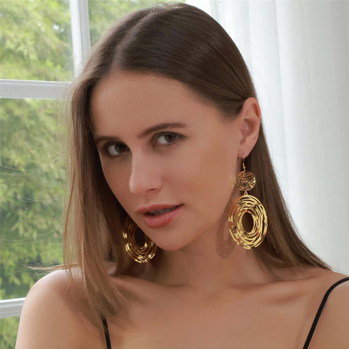 Hpoewre Gold Statement Dangle Earrings, 18K Gold Plated Hollow Out Earrings for Women, Long Dangling Bohemian Earrings, Handmade Trendy Geometric Round or Heart Drop Fish Hook Earring