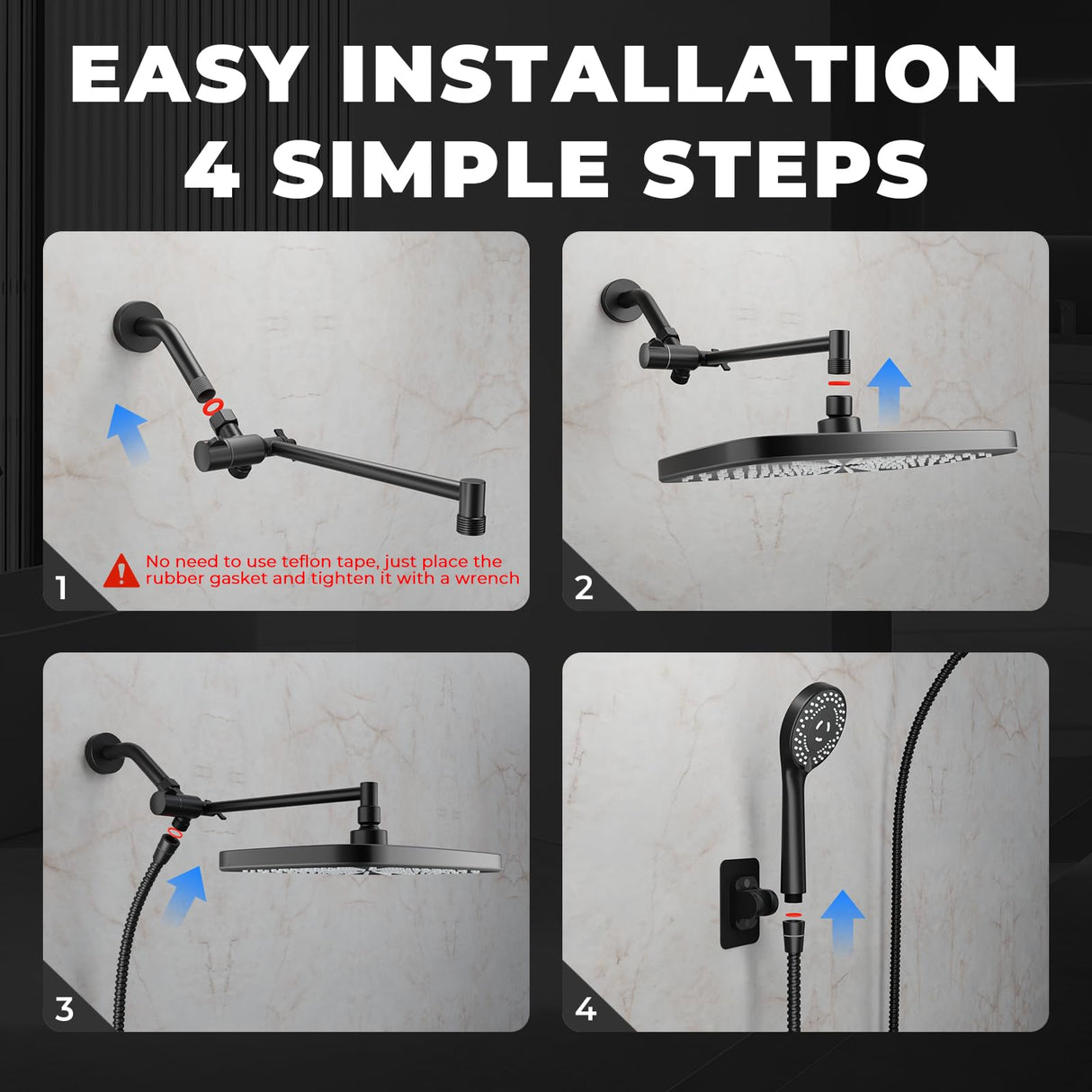 Seacity Wide Rain Shower Head With 5 Modes Handheld Showerheads, High Pressure Showerhead Combo with Extension Arm for Bathroom Accessories, Adjustable Shower Head with Anti-Clog Nozzles (Black)