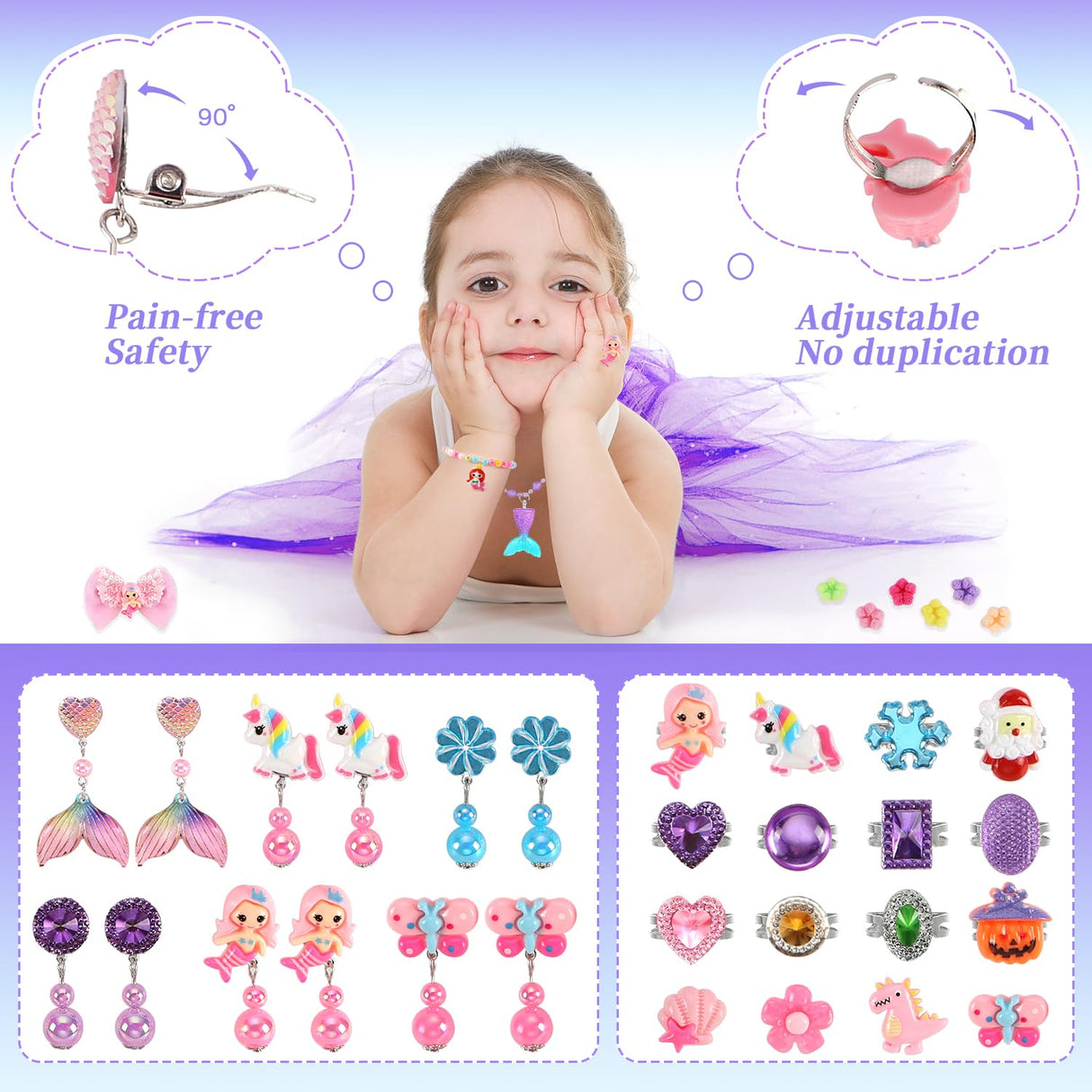 Toddler Girl Toys for Ages 5-7 Littler Girls Jewelry Set,51Pcs Kids Toy for Girls Age 8-10 Clip on Earrings,Princess Toys Adjustable Ring,Girl Toy Age 3 4 5 6-8 Year Old Christmas Birthday Gifts
