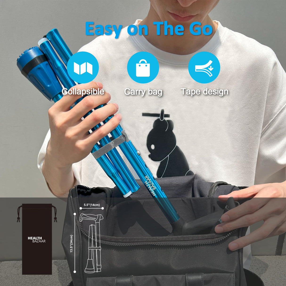 HEALTHBAZAAR All Terrain Walking Cane for Men & Women, Lightweight, Foldable, Adjustable, Shock Absorption, Collapsible Walking Stick for Seniors (Black)