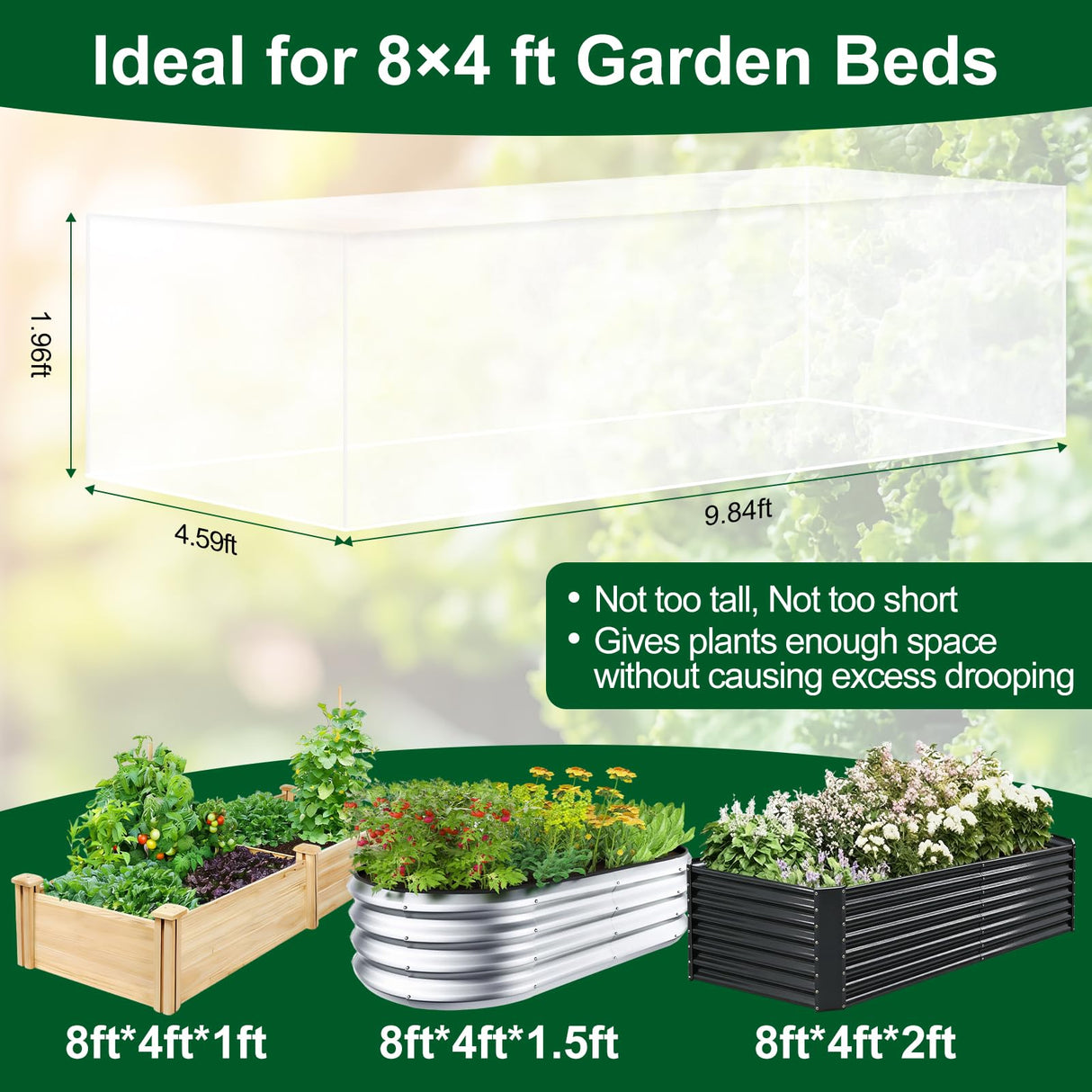 2 Pack Garden Netting for 8x4FT Raised Beds, Ultra-Fine Mesh Plant Covers with Drawstring, Bird, Pest & Small Animal Barrier for Vegetables, Fruits & Flowers