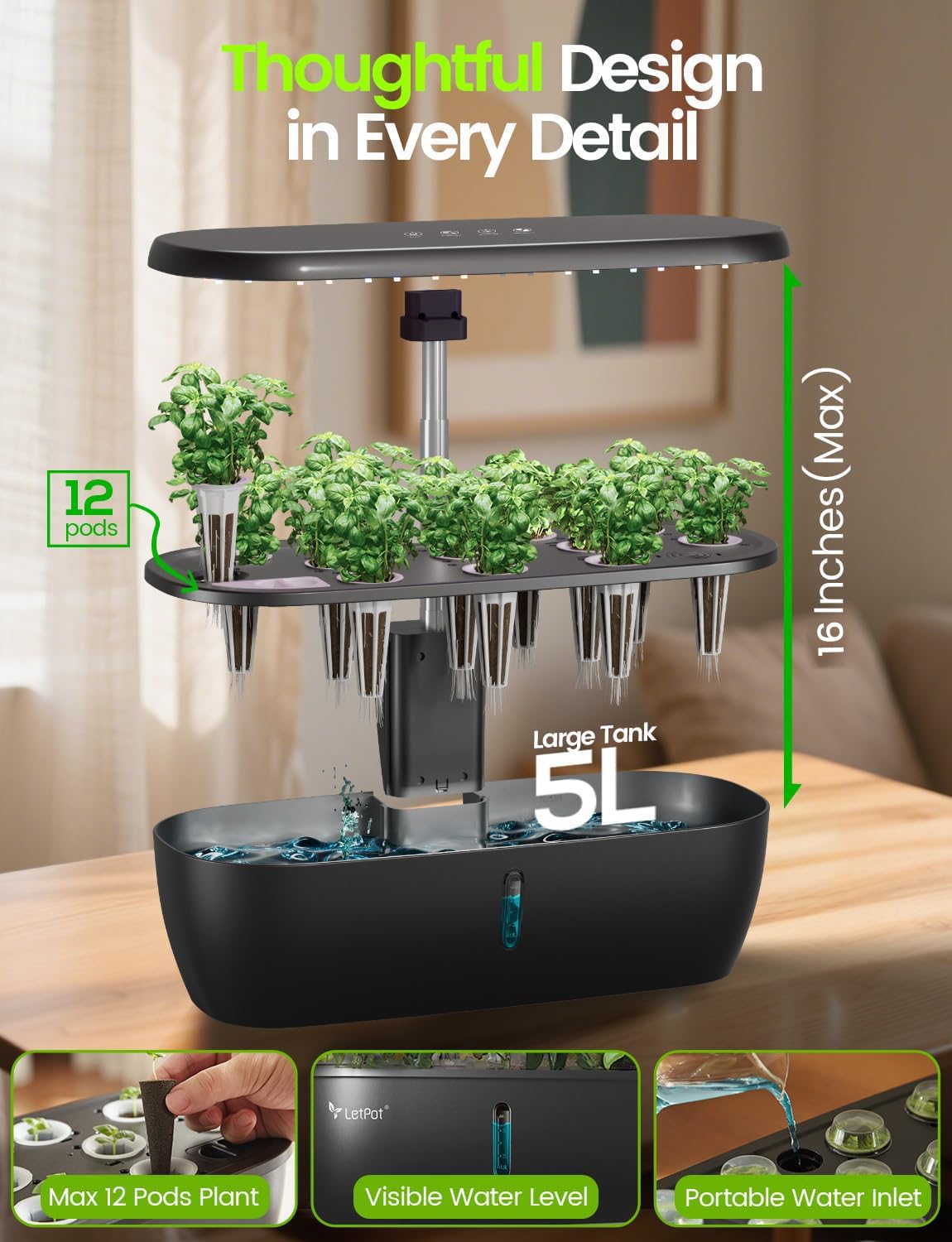 LETPOT LPH-Lite Hydroponics Growing System, 12 Pods Smart Herb Garden Kit Indoor, Indoor Garden, APP & WiFi Controlled, with 24W Growing LED, 5.5L Water Tank, Pump System, Automatic Timer