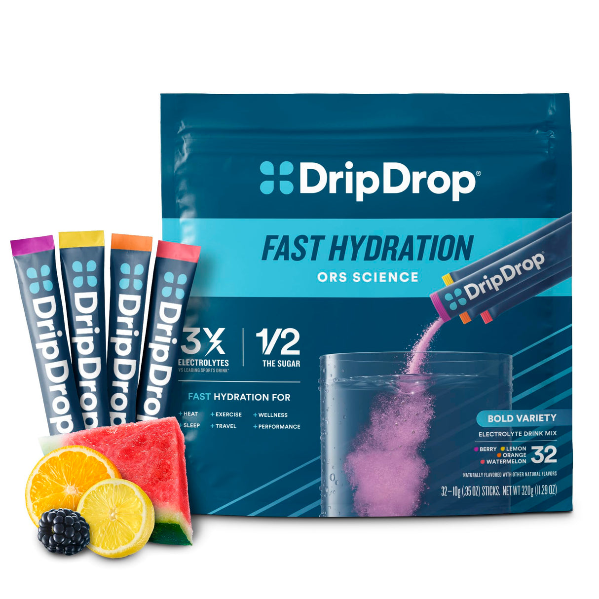 DripDrop Hydration Packets - Bold Variety Pack - Single Serve Electrolytes Powder Drink Mix - Watermelon, Berry, Lemon, Orange - Non-GMO, Gluten Free, Vegan - 32 Sticks