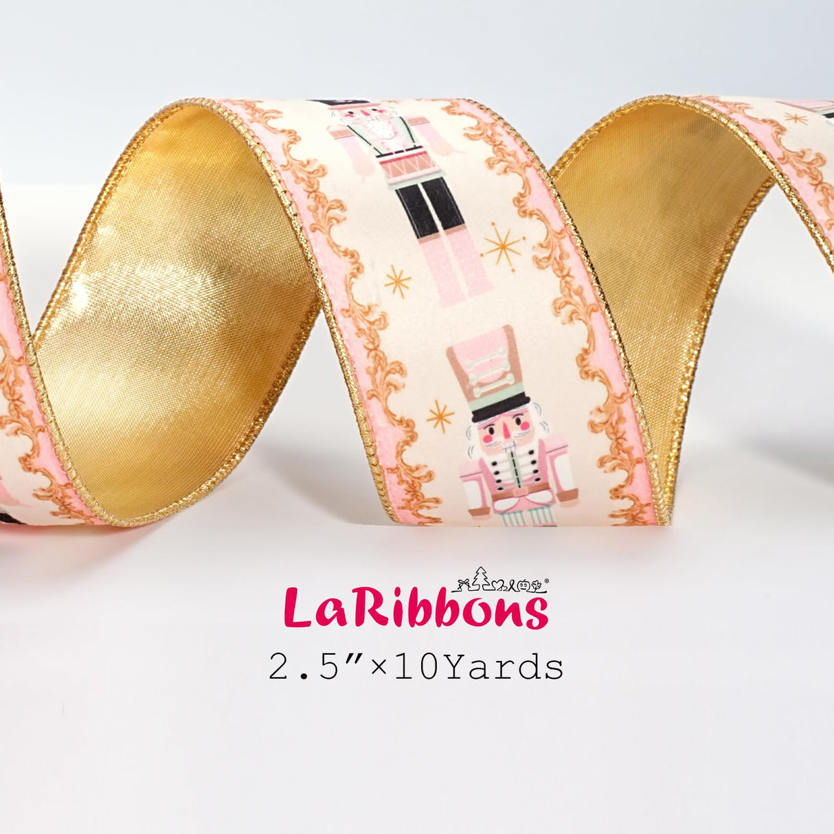 LaRibbons Nutcracker Velvet Ribbon Wired, 2.5 Inch x 10 Yards Reversible Pink and Gold Velvet Ribbon for Christmas Tree, Gift Wrapping, Wreath Bow, Outdoor Decoration