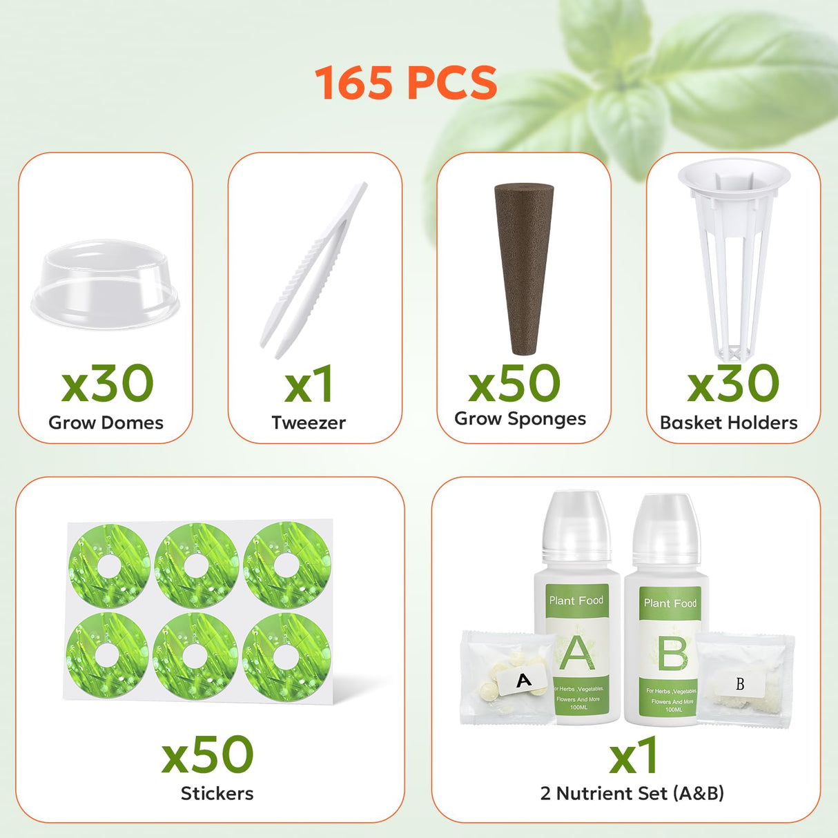 Owltron 165 Pcs Hydroponic Seed Pods Kits, Grow Anything Kit Pod for Indoor Herb Garden with 50 Sponges, 4 A&B Nutrient Plant Food, 30 Baskets, 50 Stickers, 30 Germination Domes, 1 Tweezer