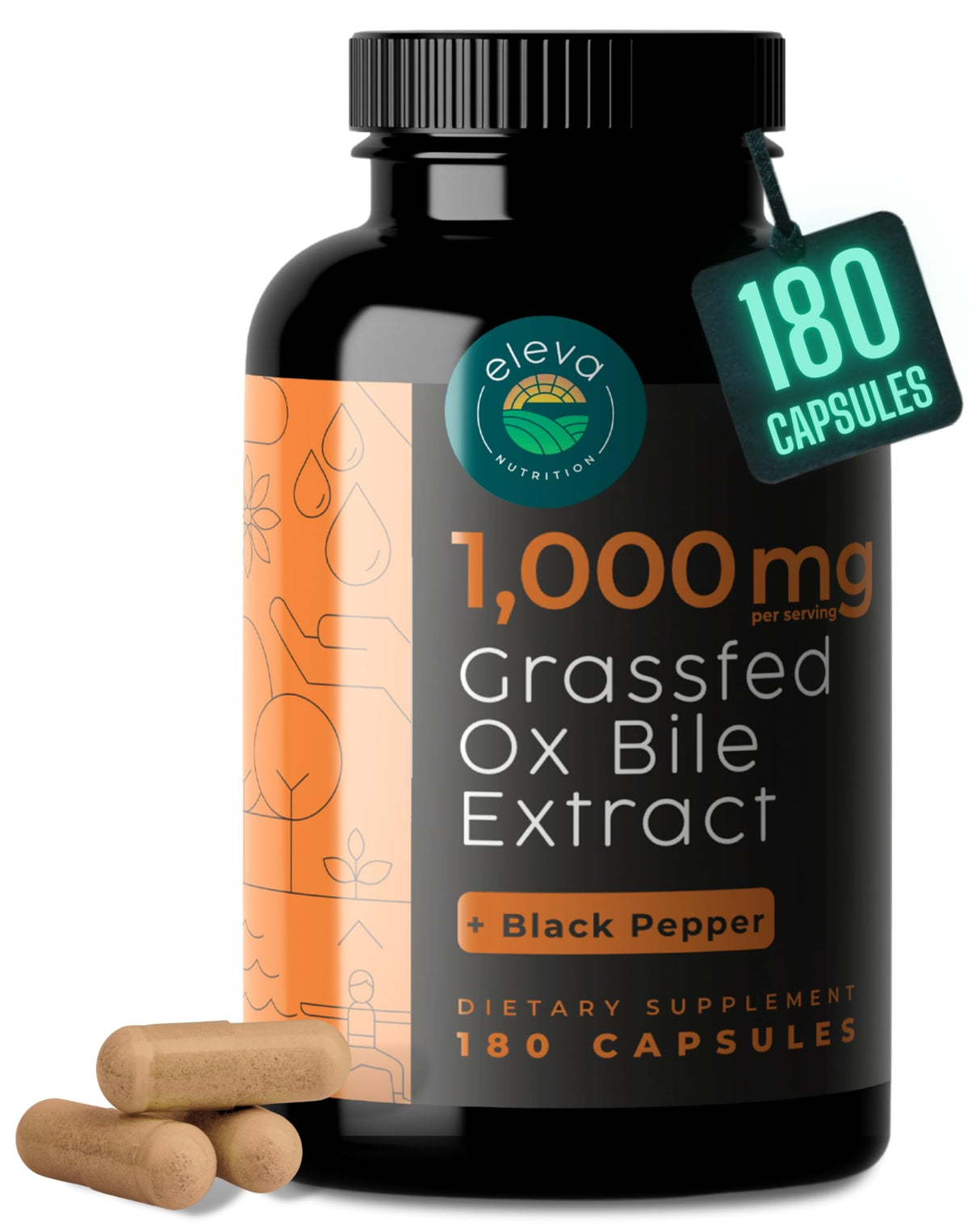 Grass-Fed Ox Bile Extract 1000mg Bile Salts Supplements with Black Pepper. Supports Digestive Health - 180 Count