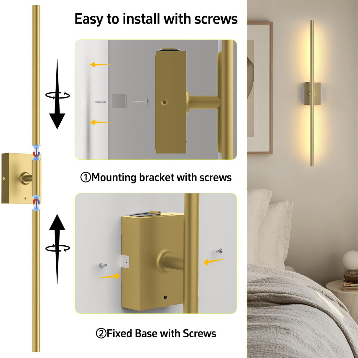Battery Operated Wall Sconces Set of Two: Dimmable Wireless Wall Lights with Remote, 31-inch LED Rechargeable Sconces, 360° Lighting Wall Scone Decor for TV, Mirror, Bedroom, Living Room(Gold)