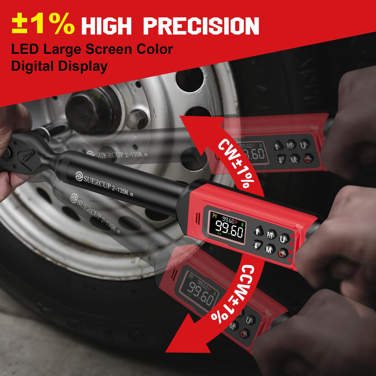 SUERCUP 3/8-inch Digital Torque Wrench(1.5-99.6Ft.Lb/2-135Nm) ±1% Accuracy Digital Torque Wrench with Vibration, Buzzer,LED Notification and Five Units of Measure, for Motorcycle, Auto Repair