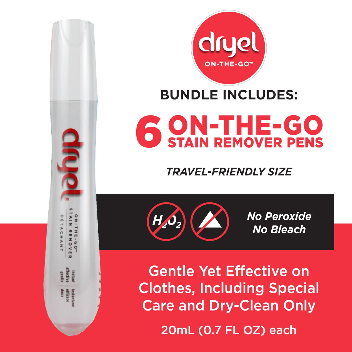 Dryel On-The-Go Stain Remover Pen with Soft Touch Applicator Scrubber, Instantly Removes Tough Stains from Clothing, 6-Pack