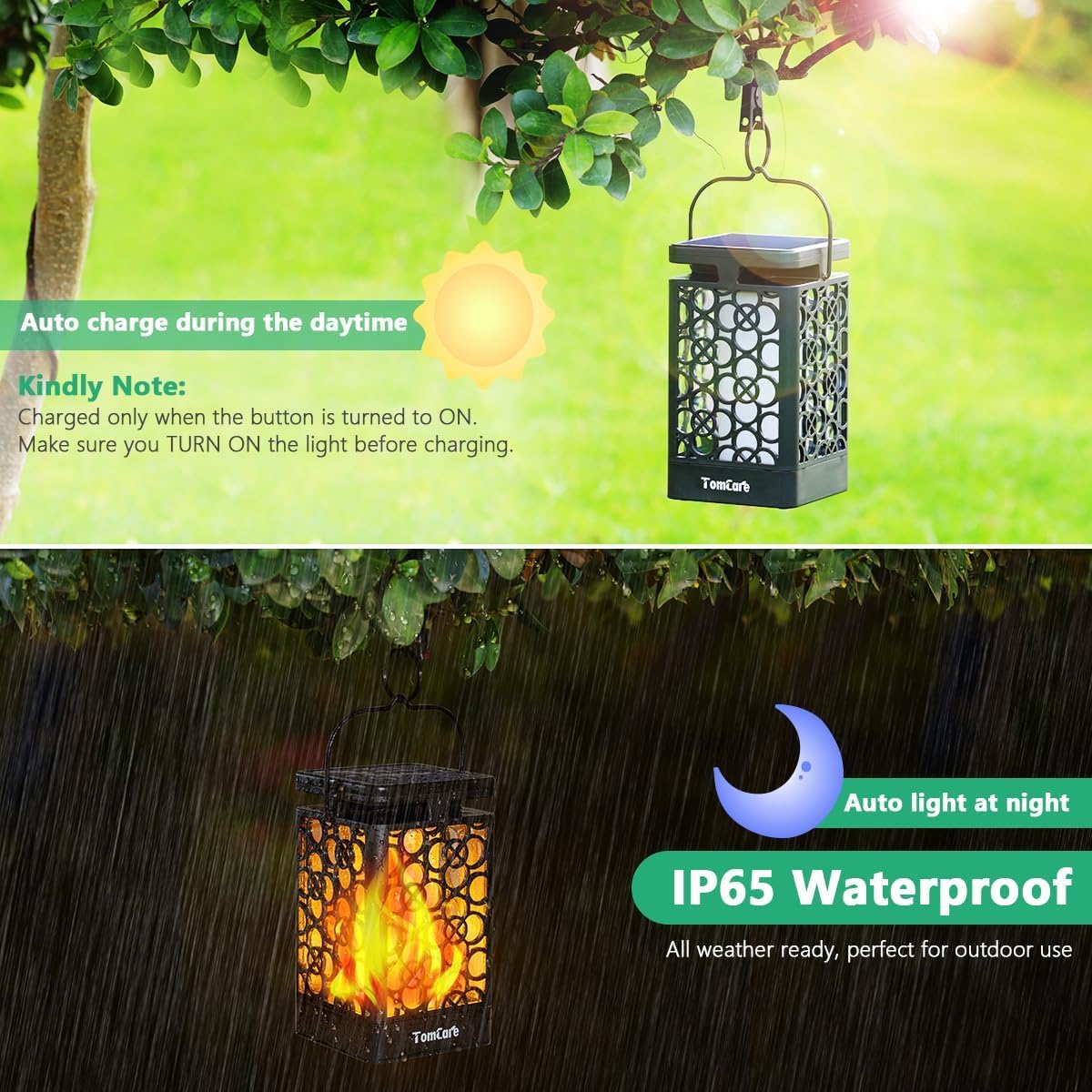 TomCare Solar Lanterns Outdoor Upgraded Flickering Flame Waterproof Hanging Lanterns Decorative Solar Powered LED Christmas Lights for Patio Deck Yard, 2 Pack