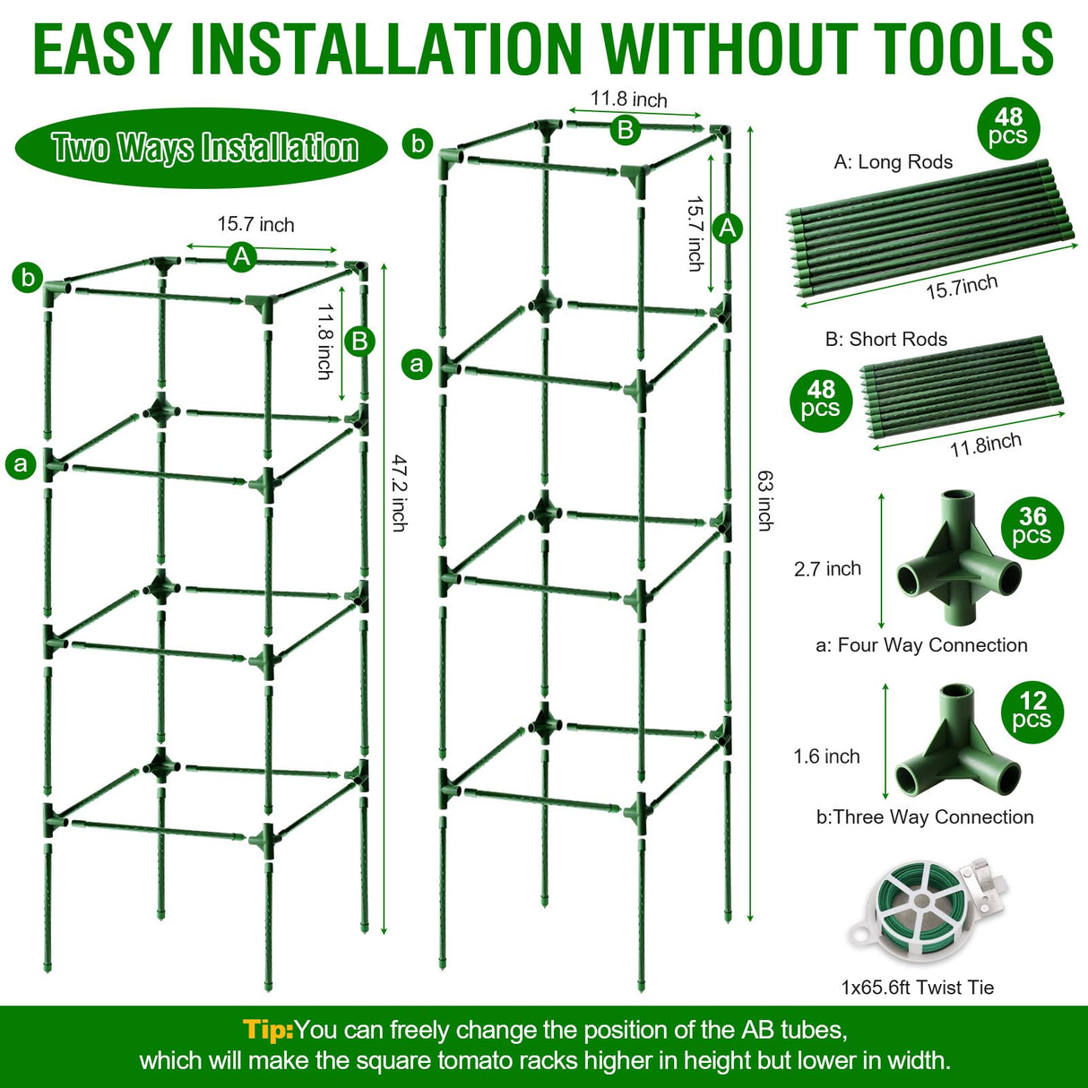 Fabulas Tomato Cage, Square Tomato Trellis Plant Support Stake Cages for Garden and Pots Tall Up to 63 Inch Adjustable Cucumber Trellis for Raised Bed Outdoor Climbing Plants Vegetables Flower, 3 Pack