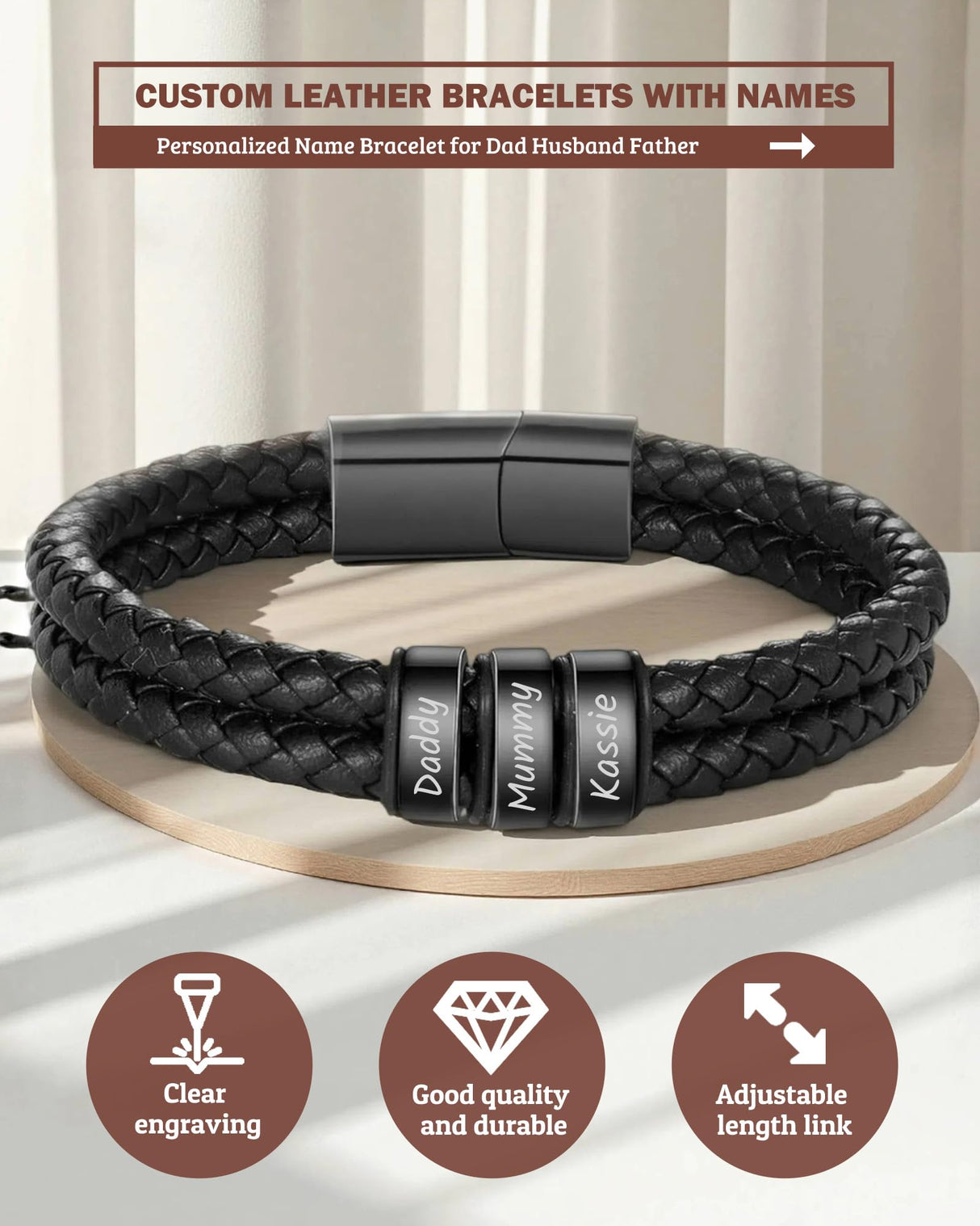 Personalized Braided Leather Bracelets Custom Leather Name Bracelet engraved with 1-6 Names for Men Gifts for Christmas Valentines Fathers Day Birthday Anniversary Boyfriend Grandpa (Black)